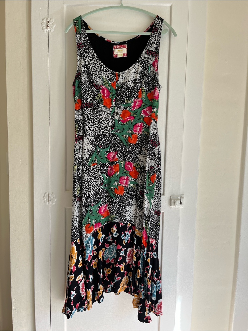 Anthropologie Black Floral Midi Dress with Green, Pink and Orange Floral Accents